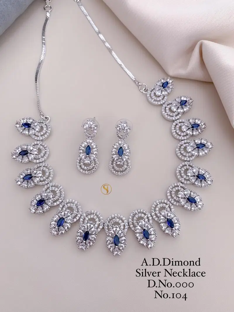 1040 AD Diamond Silver Wedding Wear Necklace Set Wholesale Price In Surat
